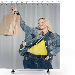 Personality  Pleased Young Woman In Stylish Denim Outfit Holding Shopping Bags And Posing Isolated On Grey  Shower Curtains