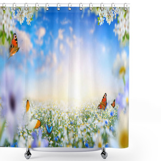 Personality  Dreamland Fantasy Spring Landscape With Flowers And Butterflies Shower Curtains