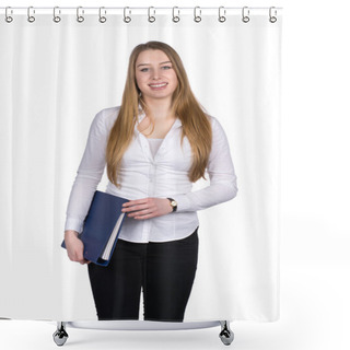 Personality  Young Woman Holds A Blue File Shower Curtains