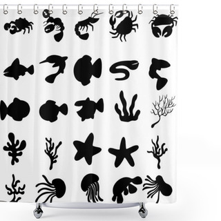 Personality  Collection Of Underwater Sea Creatures Jellyfish, Shrimp, Lobsters And Crabs In Silhouette Form Logos Or Icons Shower Curtains