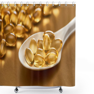 Personality  Close Up View Of Shiny Fish Oil Capsules In Spoon On Golden Background Shower Curtains