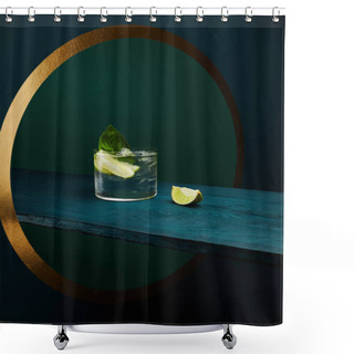 Personality  Glass With Refreshing Drink With Ice Cubes, Mint Leaf And Lime Slice On Wooden Surface On Geometric Blue And Green Background Shower Curtains
