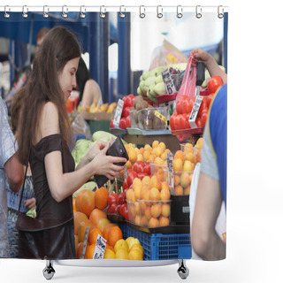 Personality  Shopping At The Market. Girl Is Buying Fruits On A Market. Woman Is Counting If She Has Enough Money For The Purchase. Shower Curtains