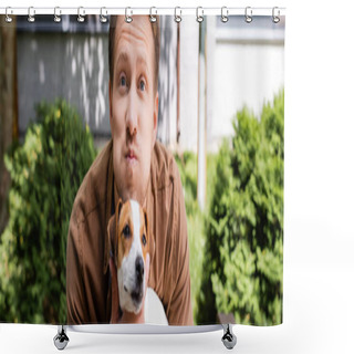 Personality  Horizontal Concept Of Man Holding Jack Russell Terrier Dog, Grimacing And Puffing Out Cheeks Shower Curtains