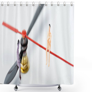 Personality  Panoramic Shot Of People Figures On Pointers Of Clock On White Surface, Concept Of Senescence Shower Curtains