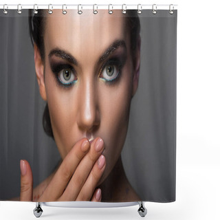 Personality  Young Woman With Makeup Gesturing Oops Sign, Isolated On Grey Shower Curtains