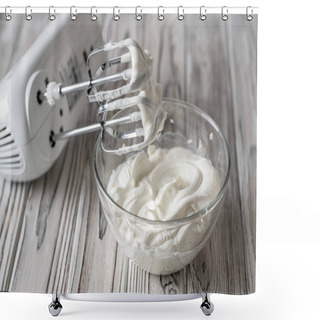 Personality  Woman Whipping Cream Using Electric Hand Mixer On The Gray Rustic Wooden Table  Shower Curtains