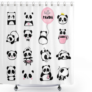 Personality  Cute Panda Bear Illustrations, Collection Of Vector Hand Drawn Elements, Black And White Icons Shower Curtains