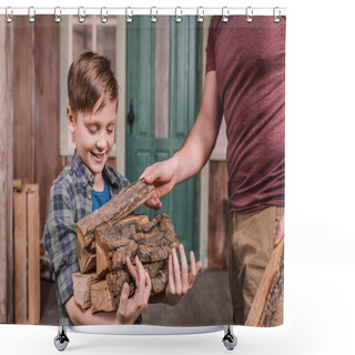 Personality  Father With Son Collecting Wood Logs Shower Curtains