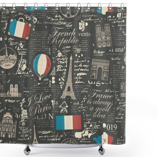 Personality  Vector Abstract Seamless Pattern On The Theme Of France And Paris With French Symbols, Architectural Landmarks And Map In Colors Of French Flag On The Background Of Black Magazine Page In Retro Style Shower Curtains