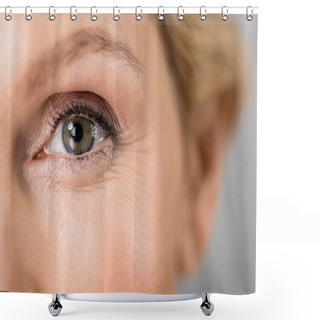 Personality  Selective Focus Of Mature Woman Looking At Camera Isolated On Grey  Shower Curtains