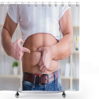 Personality  Man Suffering From Extra Weight In Diet Concept Shower Curtains
