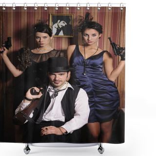 Personality  Portrait Of Three Gangsters With Guns. Shower Curtains