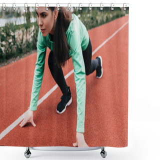 Personality  Attractive Woman Standing In Starting Position On Running Track While Training In Park  Shower Curtains