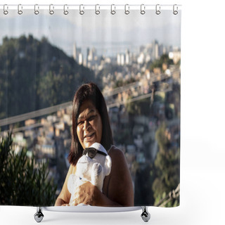 Personality  Woman With A Teddy Bear On Lap With The City In The Background Shower Curtains