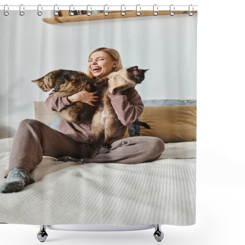 Personality  A Woman With Short Hair Peacefully Sits On A Bed, Holding Two Cats Close To Her. Shower Curtains