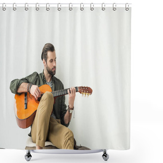 Personality  Handsome Man Playing Acoustic Guitar And Leaning On Wall Isolated On White Shower Curtains
