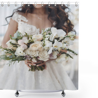 Personality  Vintage Portrait Of Red Bride With Flowers On White Background. Beautiful Girl. Shower Curtains