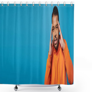 Personality  Banner Of African American Man In Orange Outfit Touching To Temple With Hands On Blue Background Shower Curtains