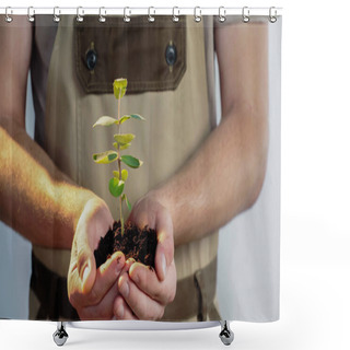 Personality  Cropped View Of Blurred Gardener In Overalls Holding Plant In Soil On Grey Background Shower Curtains