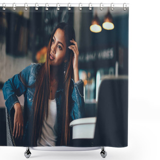 Personality  Beautiful Girl In Blue Jeans With Long Hair Chilling In A Cafe , Fashionable Woman In Blue Jeans Hipster Fashion Style Shower Curtains