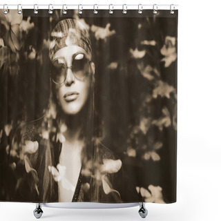 Personality  Double Exposure Portrait Of A Beautiful Hippie Girl And Flowers Shower Curtains