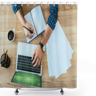 Personality  Overhead View Of Businessman Working At Tabletop With Papers, Notebook And Laptop Shower Curtains