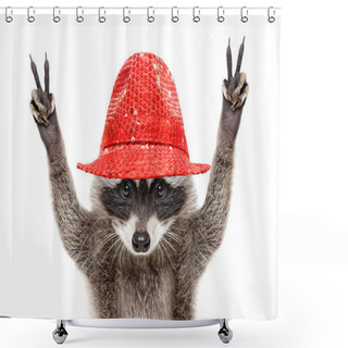 Personality  Portrait Of A Funny Raccoon In A Red Hat, Showing A Sign Peace, Isolated On White Background Shower Curtains