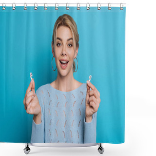 Personality  Happy Girl Showing Wireless Earphones While Smiling At Camera On Blue Background Shower Curtains