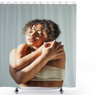 Personality  African American Woman Exudes Grace In White Bikini Against Vibrant Backdrop. Shower Curtains