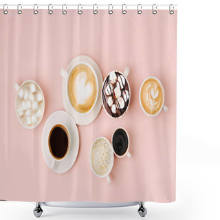 Personality  Various Kinds Of Coffee In Cups Of Different Size On Pale Pink Background.  Coffee  Time Concept.  Flat Lay, Top View Shower Curtains