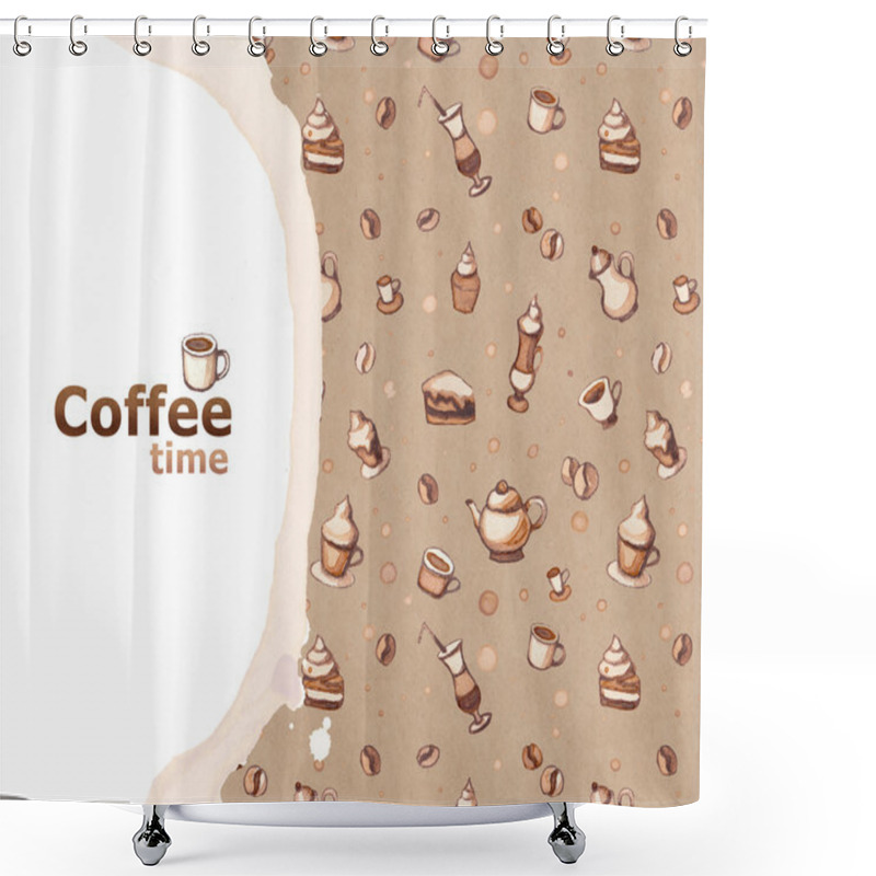 Personality  Background With Drawings Of Coffee, Cakes, Cups, Teapots Shower Curtains
