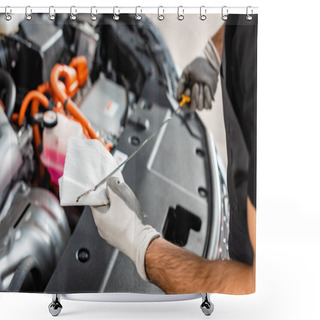 Personality  Cropped View Of Mechanic Wiping Oil Dipstick With Rag Near Car Engine Compartment Shower Curtains
