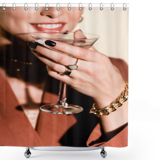 Personality  Cropped View Of Happy Woman Holding Glass Of Alcohol Drink On White Shower Curtains