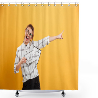 Personality  Portrait Of Funny Woman In Plaid Shirt Holding Speech Arrow Poin Shower Curtains