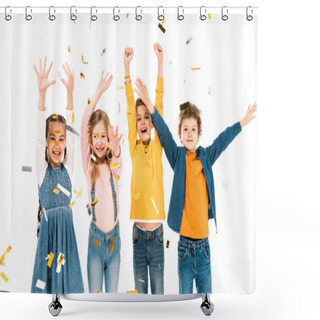 Personality  Four Happy Kids Waving Hands Under Confetti Isolated On White Shower Curtains