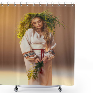 Personality  Young Mavka Wearing Traditional White Dress Adorned With Wreath In A Whimsical Studio Setting. Shower Curtains