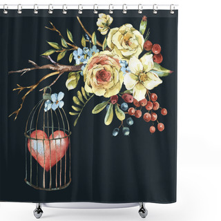 Personality  Cute Watercolor Natural Floral Greeting Card With White Rose, Red Heart Shower Curtains