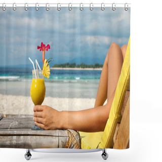 Personality  Holding A Cocktail On A Tropical Beach Shower Curtains