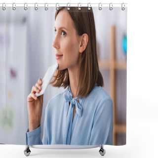 Personality  Smiling Psychologist With Smartphone Looking Away While Thinking On Blurred Background Shower Curtains