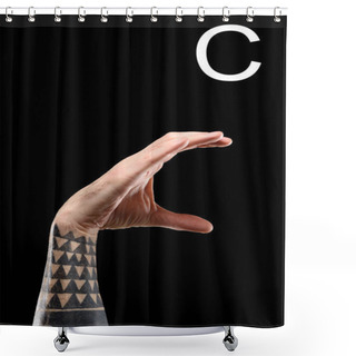 Personality  Cropped View Of Tattooed Hand Showing Cyrillic Letter, Deaf And Dumb Language, Isolated On Black Shower Curtains