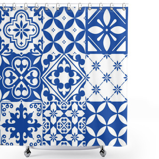 Personality  Spanish Tiles, Moroccan Tiles Design, Seamless Navy Blue Pattern   Shower Curtains