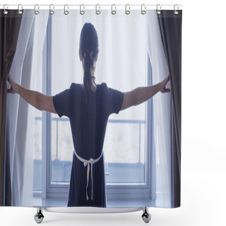 Personality  Back View Of Young Maid Opening Dark Curtains In Hotel Room Shower Curtains