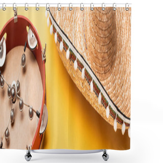 Personality  Tambourine And Sombrero On Yellow Background, Panoramic Shot Shower Curtains
