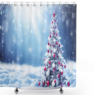 Personality  Snowy Christmas Tree With Red Balls In A Winter Landscape Shower Curtains