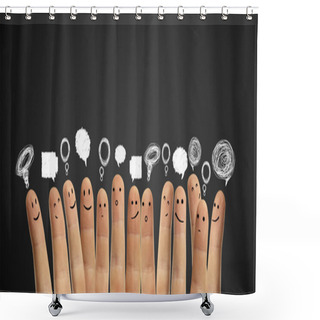 Personality  Happy Group Of Finger Smileys With Social Chat Sign And Speech Bubbles. Shower Curtains