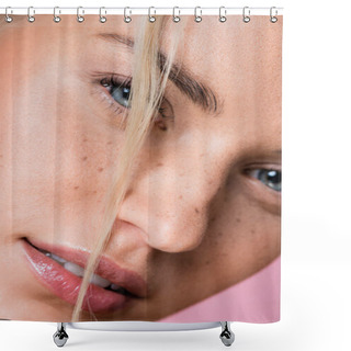 Personality  Closeup Of Beautiful Blonde Woman With Freckles Isolated On Pink Shower Curtains