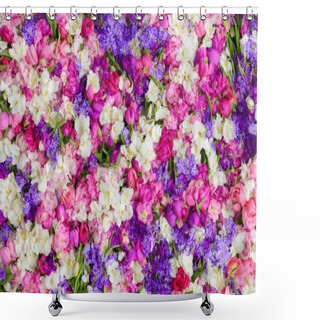 Personality  Beautiful Colorful Flowers On White Background, Top View Shower Curtains