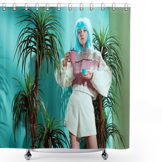 Personality  Attractive Stylish Girl In Blue Wig Holding Toy Cup With Teapot And Looking At Camera  Shower Curtains