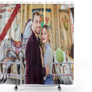 Personality  Happy Affectionate Couple In Autumn Outfit Cuddling Near Carousel In Amusement Park And Looking At Camera Shower Curtains